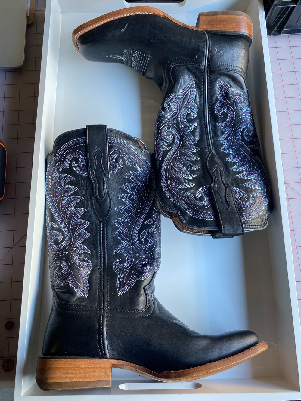 Durango Black Leather Western Boots with Purple Embroidery